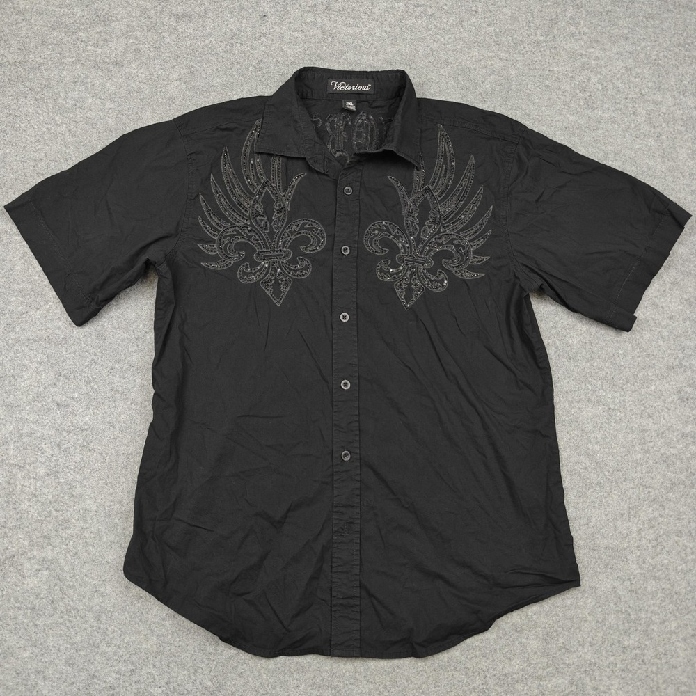 Victorious Shirt Mens 2XL Black Fleur De Lis Embroidered Short Sleeve Button Up